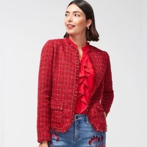 Chico’s Red Tweed Fringe Jacket